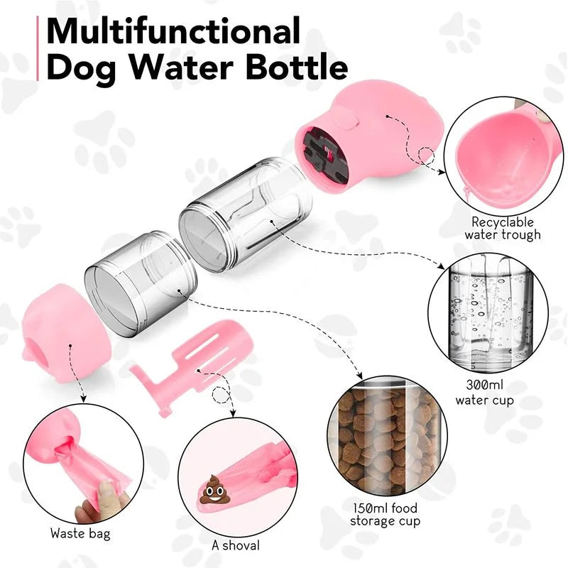 3-in-1 Portable Pet Water Bottle & Feeder – Drink, Food & Poop Dispenser for Dogs