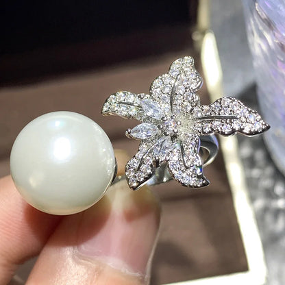 Trendy Pearl Ring – Adjustable, Elegant Flower Design for Women