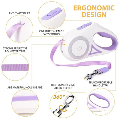 3M/5M Retractable Dog Leash with LED Flashlight – Durable Nylon for Night Walks